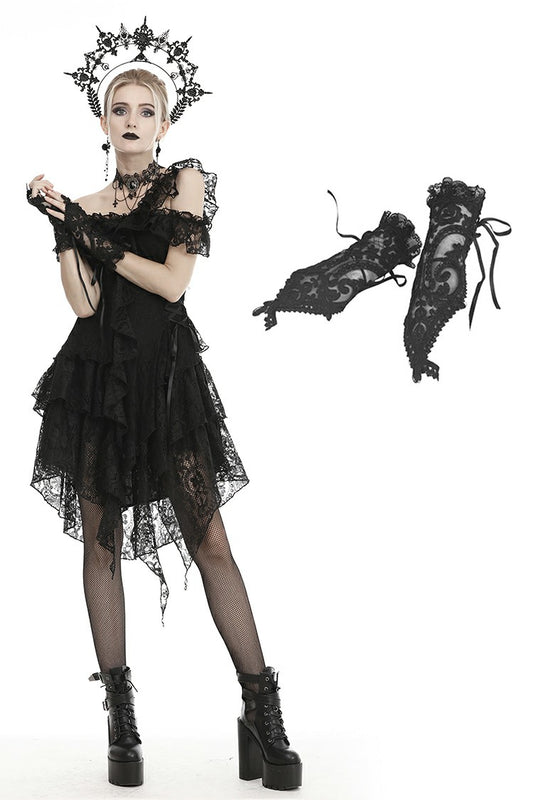 Gothic Gentry- One-finger Black Gloves, delicate fishnet patterns