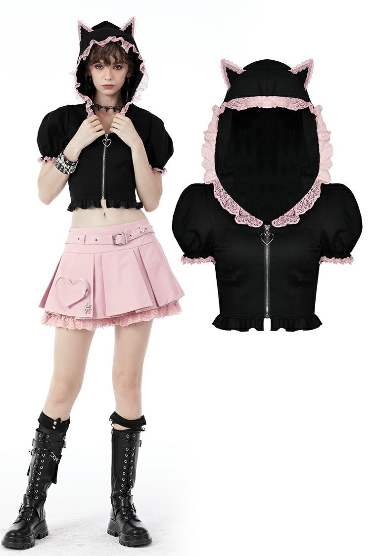 Kawaii Feline: Black and Pink Cat Ears Hoodie Zipper Top