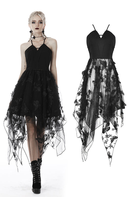 Celestia- Gothic Gossamer Sleeveless Dress with Butterfly Design Hem