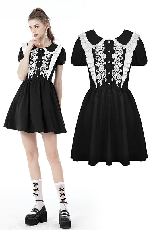 Black Sakura: Gothic Lolita black floral embroidery doll dress