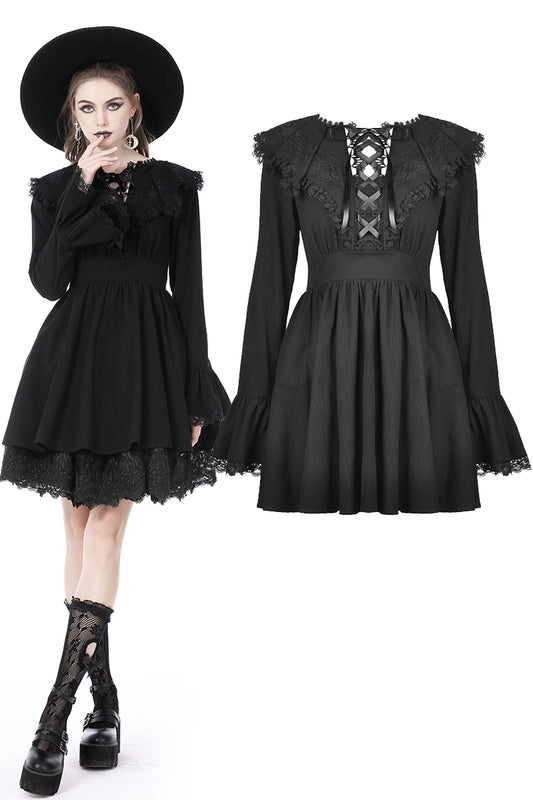 Frayed Fate: Gothic Ruffled Collar Dress