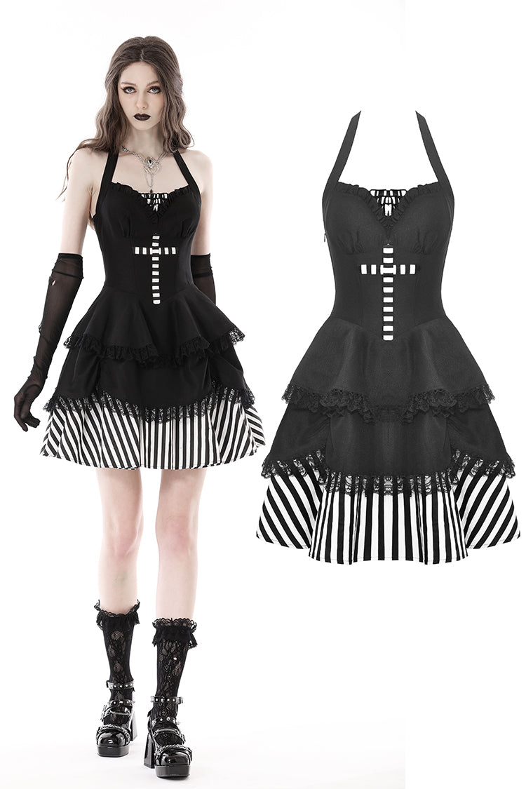 Fearless Feryn: Gothic Lolita Black with Stripes Halter Dress