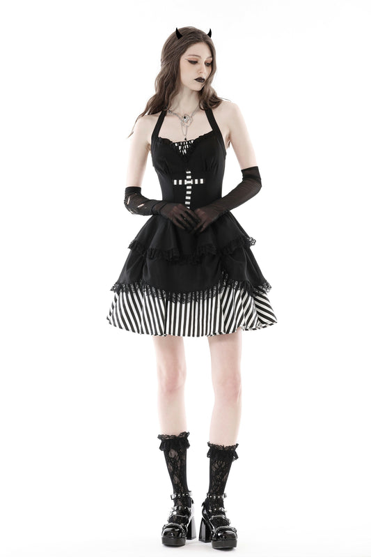 Fearless Feryn: Gothic Lolita Black with Stripes Halter Dress