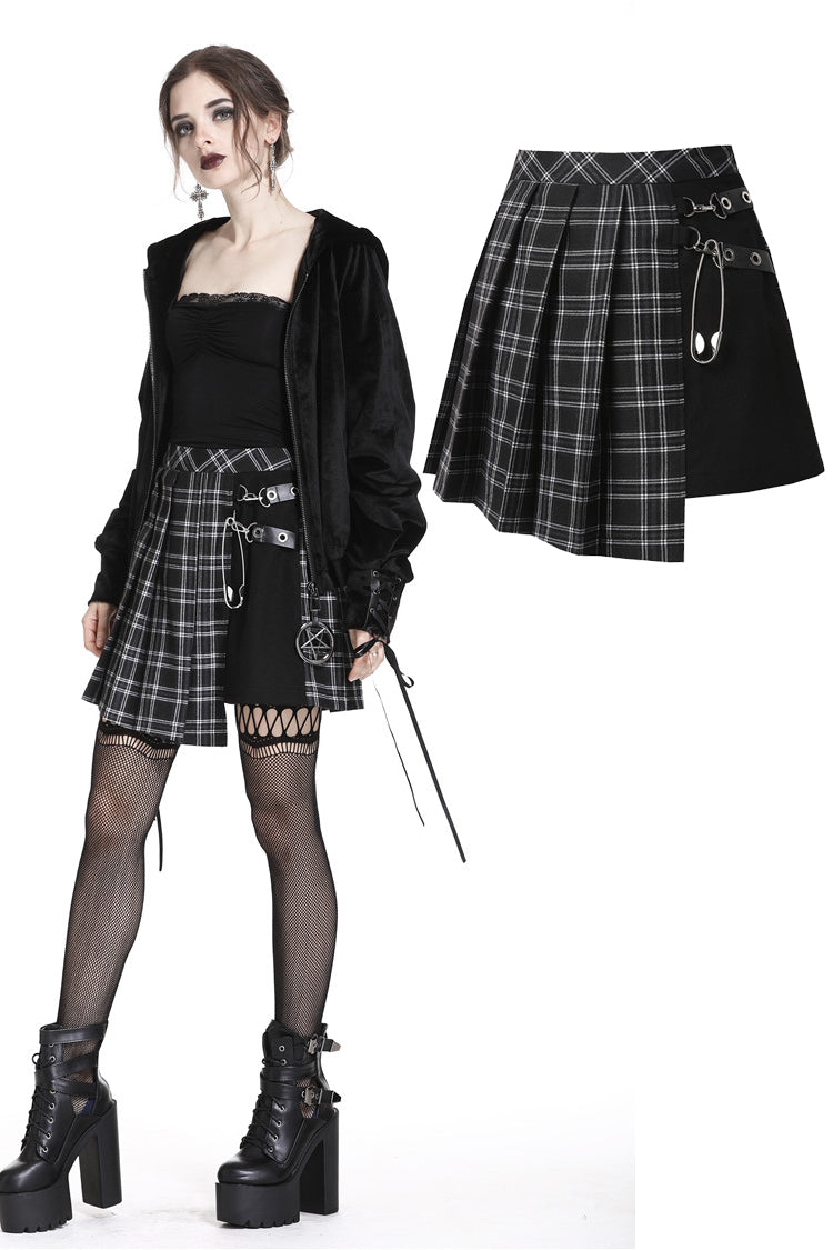 60's Skirt- Punk Plaid Mini Skirt with Metal Ornaments