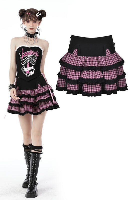 Her Cat-a-Combs: Kawaii Lolita Balck/Pink Plaid Skirt