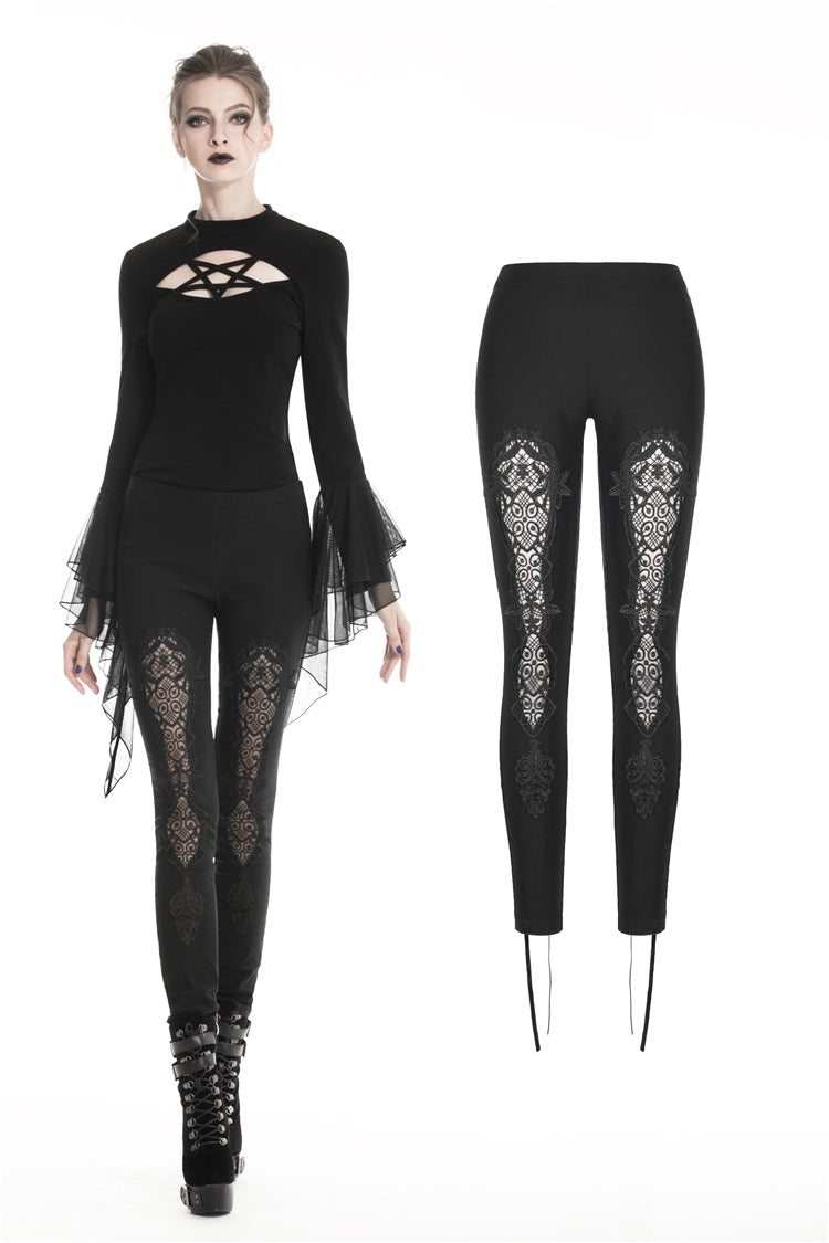 Omen of Luna: Gothic Leggings with Floral Lace-up Details