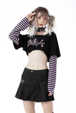 Cheshire Cat - Punk Printed Crop Top with Striped Sleeves