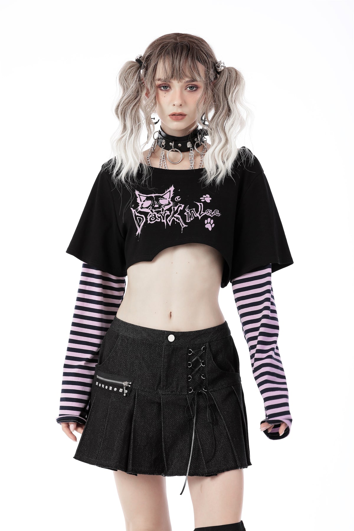 Cheshire Cat - Punk Printed Crop Top with Striped Sleeves