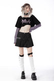 Cheshire Cat - Punk Printed Crop Top with Striped Sleeves