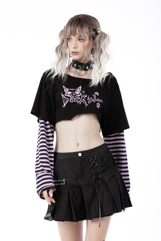 Cheshire Cat - Punk Printed Crop Top with Striped Sleeves