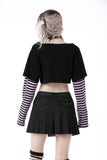 Cheshire Cat - Punk Printed Crop Top with Striped Sleeves