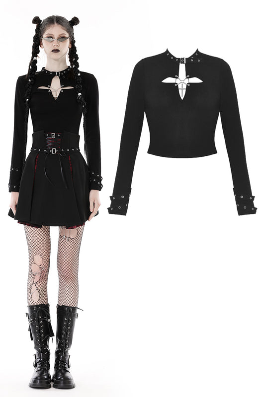 Midnight Mayhem: Cutout Cross Chest Punk Top